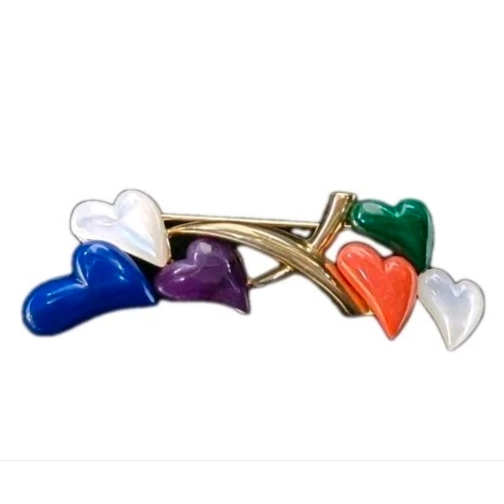 Asch Grossbardt 14k Gold Heart Brooch Coral Lapis Sugilite Malachite MOP Estate